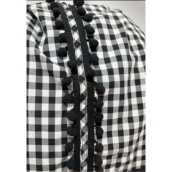 Cupio Womens Sz M Black White Gingham Pom Fringe Peplum Bell Sleeve Blouse Top - Picture 3 of 7